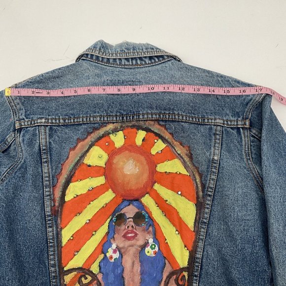 Vintage Hand Painted Denim Jacket Boho Hippie Woman Sun Angel Clouds Wom… - Picture 11 of 11